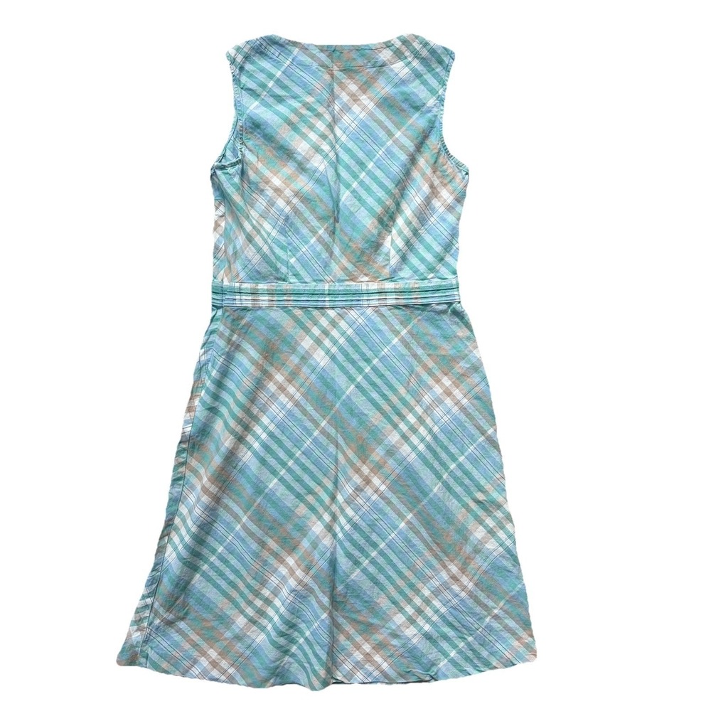 LL Bean Sleeveless A Line Dress Size 6 Madras Plaid Linen Cotton Blue Green Wrap - Picture 4 of 12